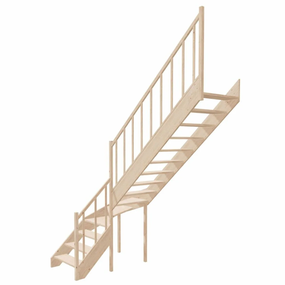 Luxury corner wooden staircase with railing right side natural color H. 304 cm