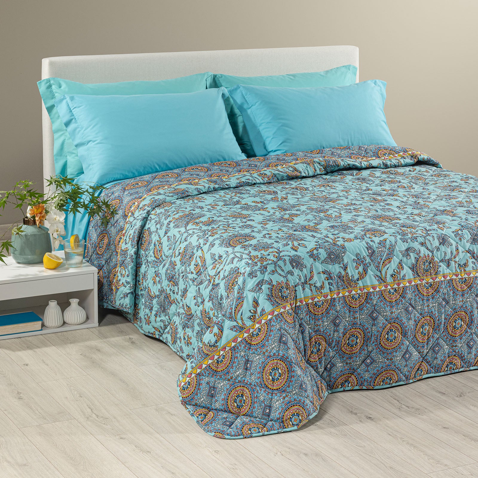 Copriletto Trapuntato In Cotone Milos Matrimoniale Blu Caleffi