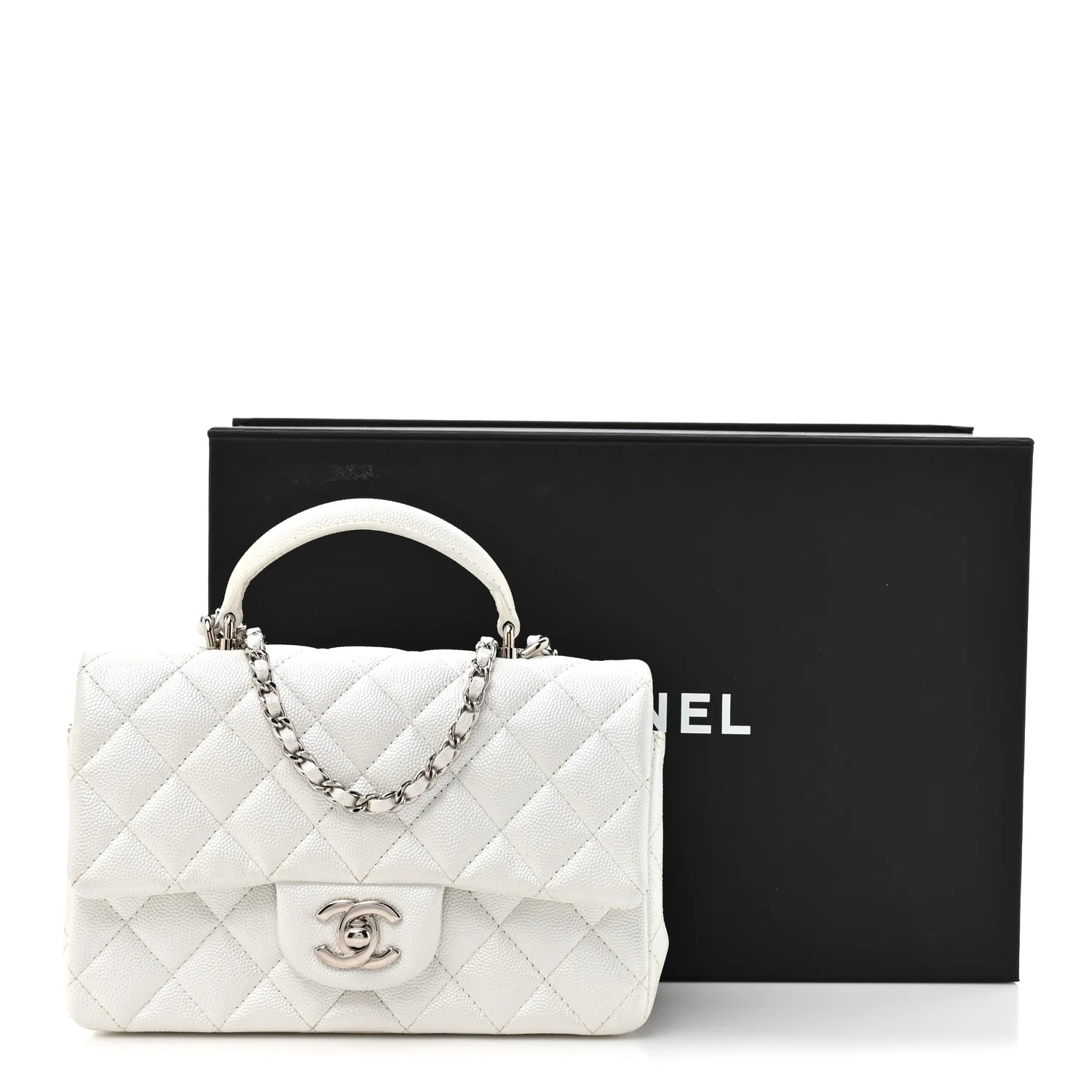 Metallic Caviar Quilted Mini Top Handle Rectangular Flap White - Top Club