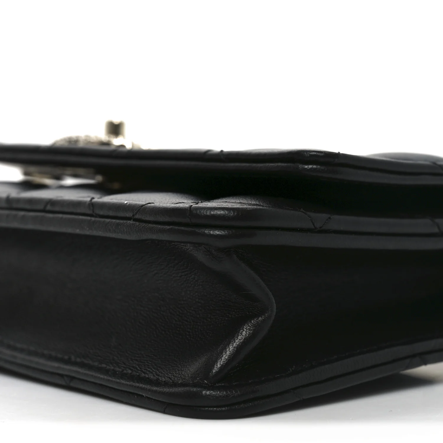 Lambskin Quilted Crystal Handle Wallet On Chain WOC Black - Top Club
