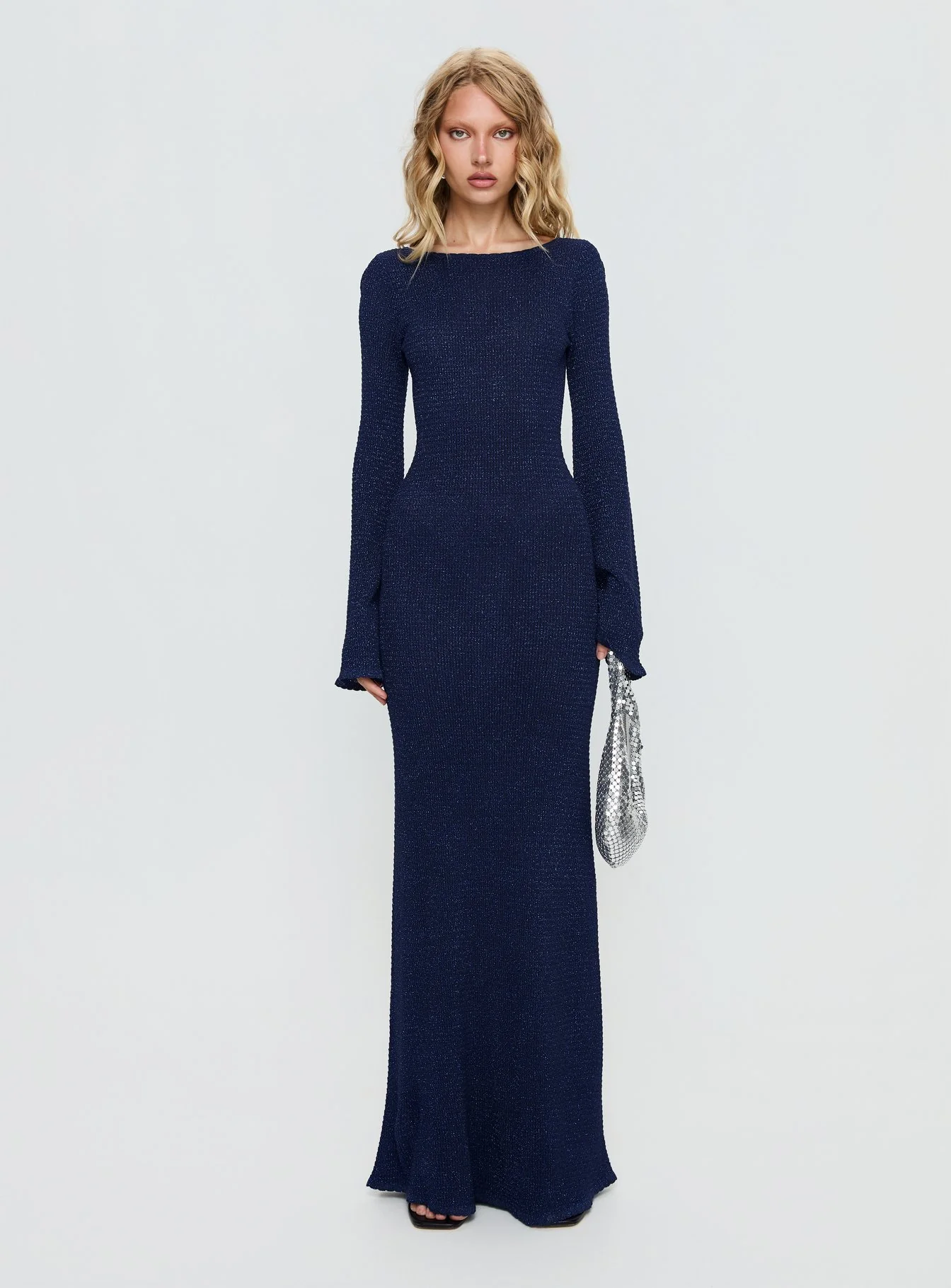 Rhapsody Long Sleeve Knit Maxi Dress Navy