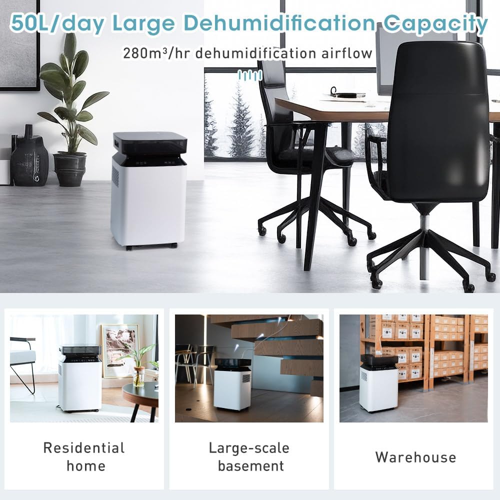 iOCHOW Deumidificatore Elettrico a Compressore 50L/Giorno: Grande Deumidificatore Portatile Intelligente con Timer 24 ore, Drenaggio a Pompa Acqua, R290 Ecologico Per Casa e Ufficio