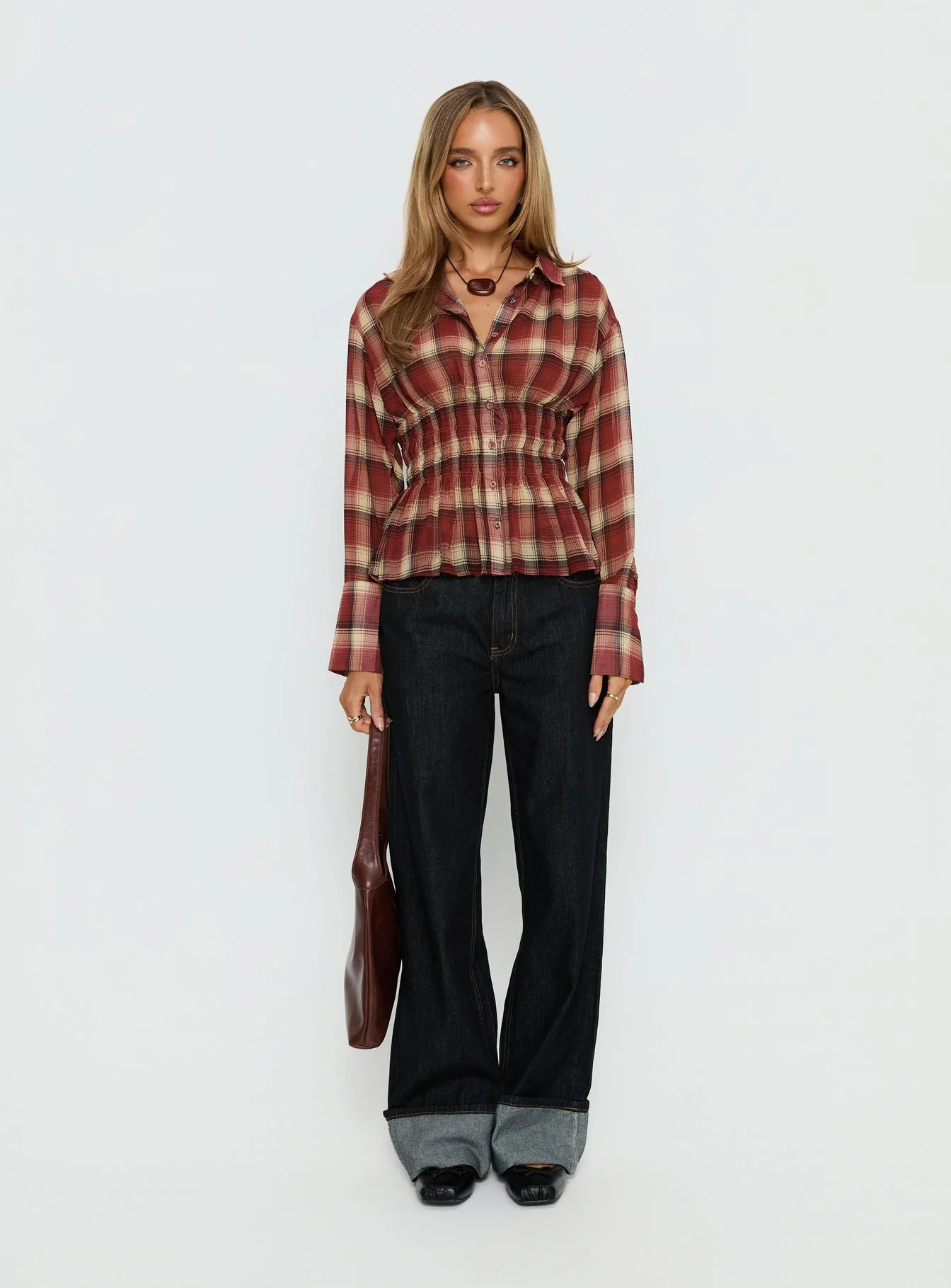 As You Are Shirred Button Up Top Red Check