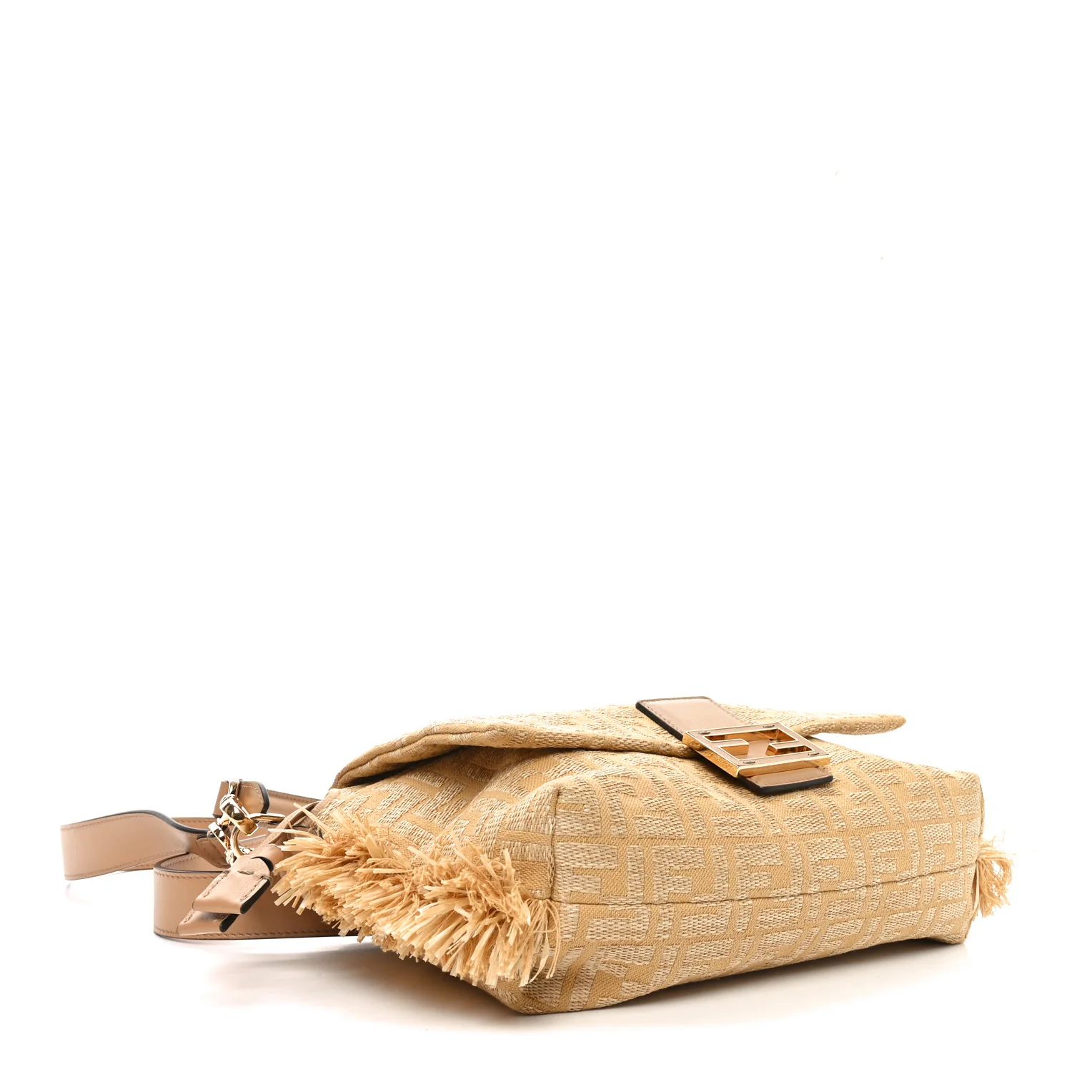 Fabric Jacquard Raffia Straw Fringe Medium Mamma Baguette Beige - Top Club