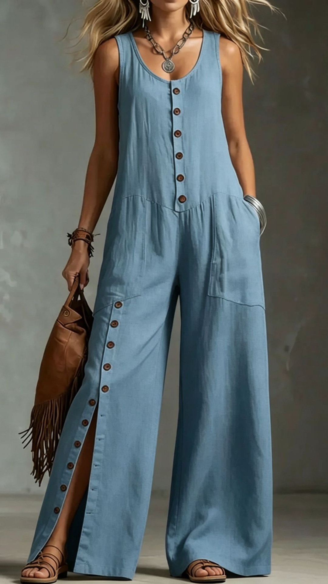 Women's Sleeveless Linen Jumpsuit with Button Pockets - Nordfashionstorm - Women's Clothing, Fashion for You - Nordfashionstorm.com