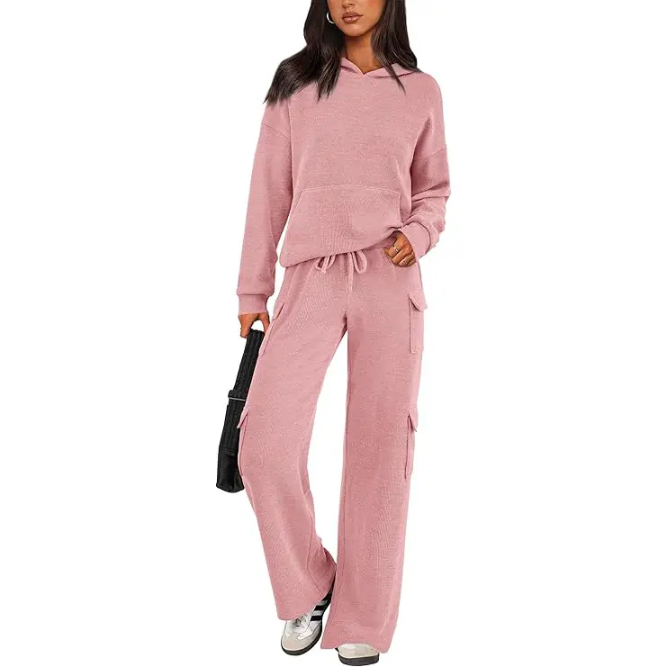 PRETTYGARDEN Women's Navy Blue 2-Piece Knitted Sets Hoodie & Wide Leg Pants with Pockets Drawstring Long Sleeve Loungewear Tracksuits Basic Fitted Clothes