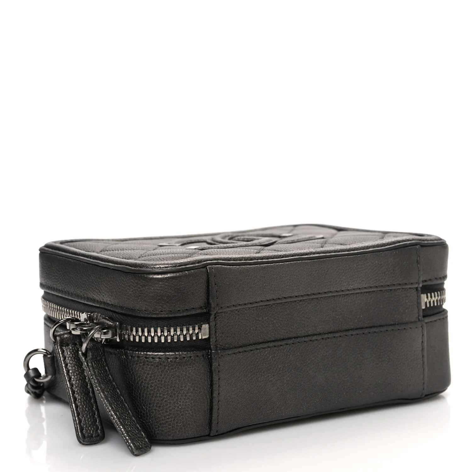 Metallic Caviar Quilted Small CC Filigree Vanity Case Dark Silver - Top Club