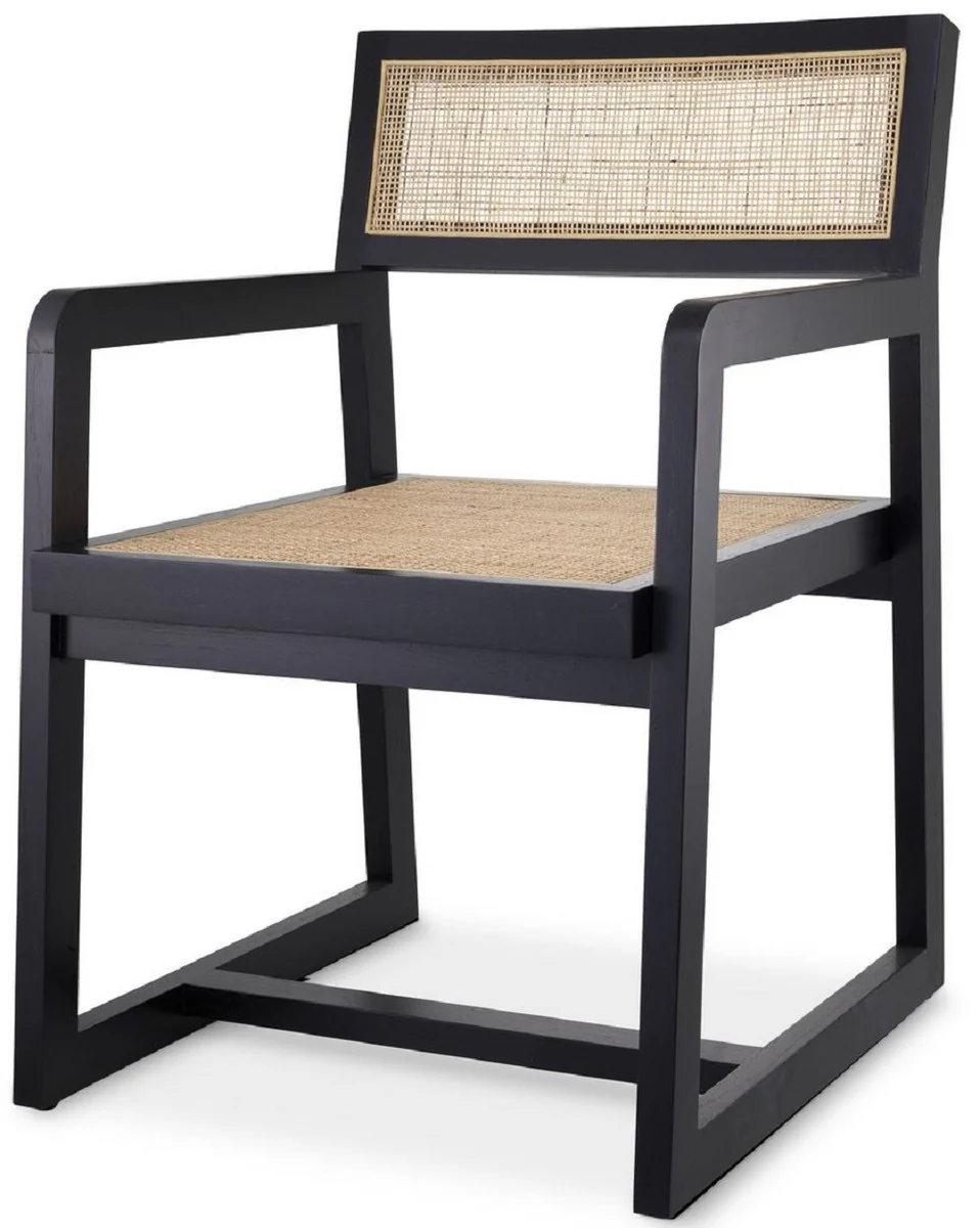 Luxury dining room chair black / natural colors 58.5 x 65.5 x H. 89 cm - solid wood chair with armrests and hand-woven rattan weave - luxury dining room furniture