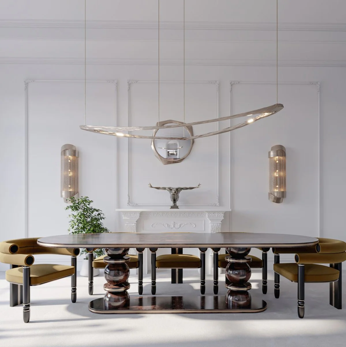 Luxury dining table dark brown / brass 240 x 110 x H. 76 cm - Oval solid wood dining room table - Dining room furniture - Luxury furniture