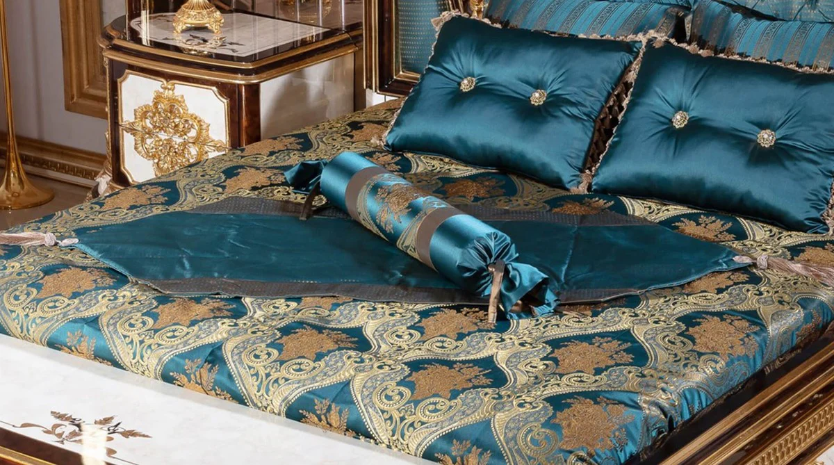 Luxury baroque bedroom set blue / white / brown / gold - 1 double bed with headboard & 2 bedside chests - bedroom furniture in baroque style - noble and magnificent