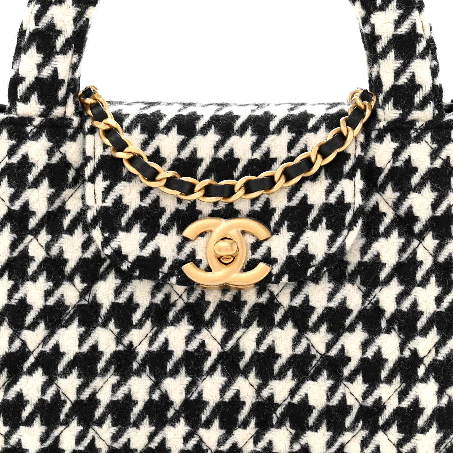 Tweed Houndstooth Quilted Nano Kelly Shopper Black White - Top Club
