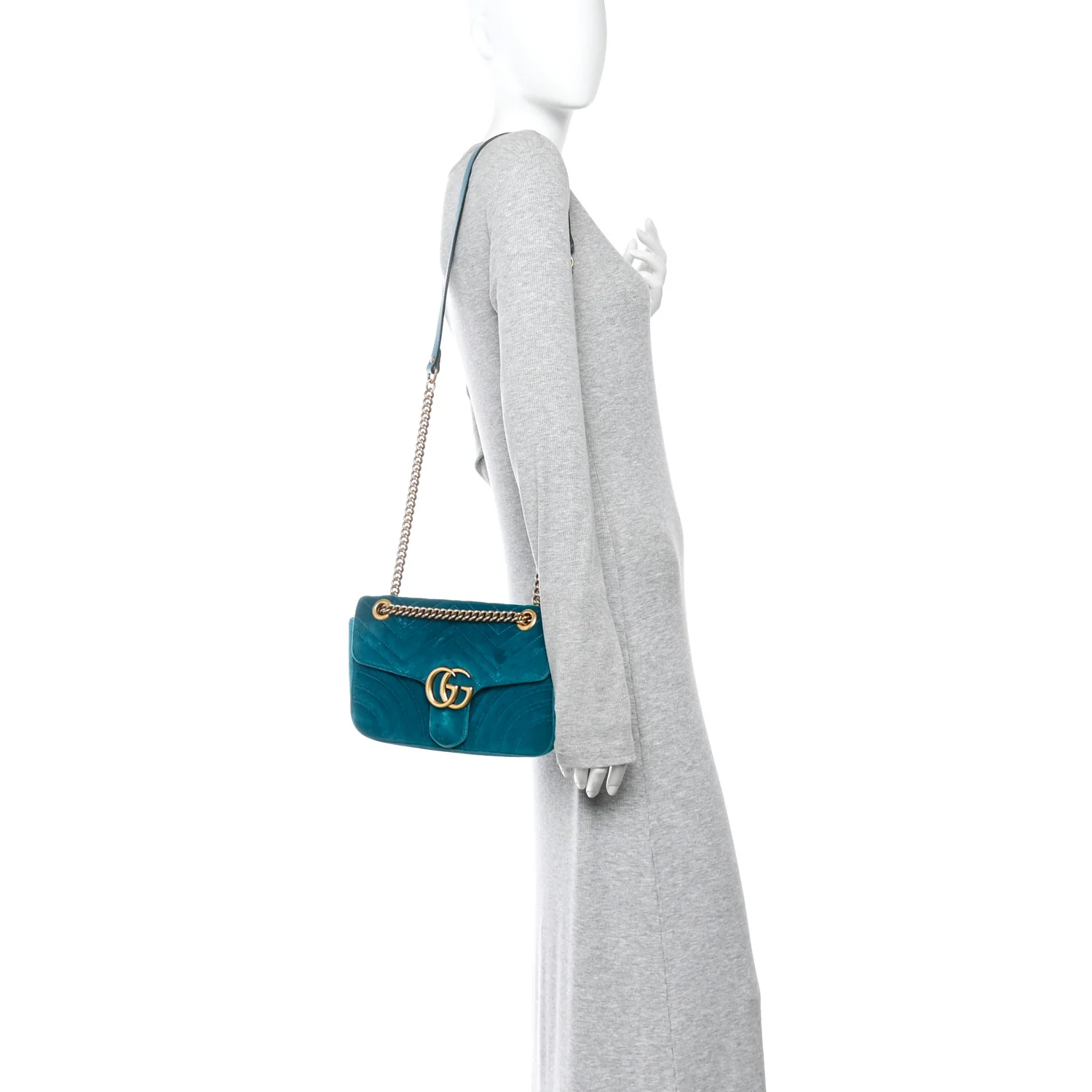 Velvet Matelasse Small GG Marmont Shoulder Bag Pavone Cyan