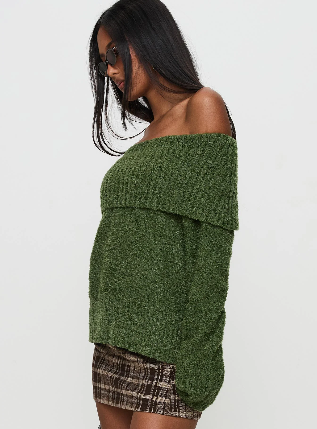 Parkley Boucle Off The Shoulder Sweater Olive
