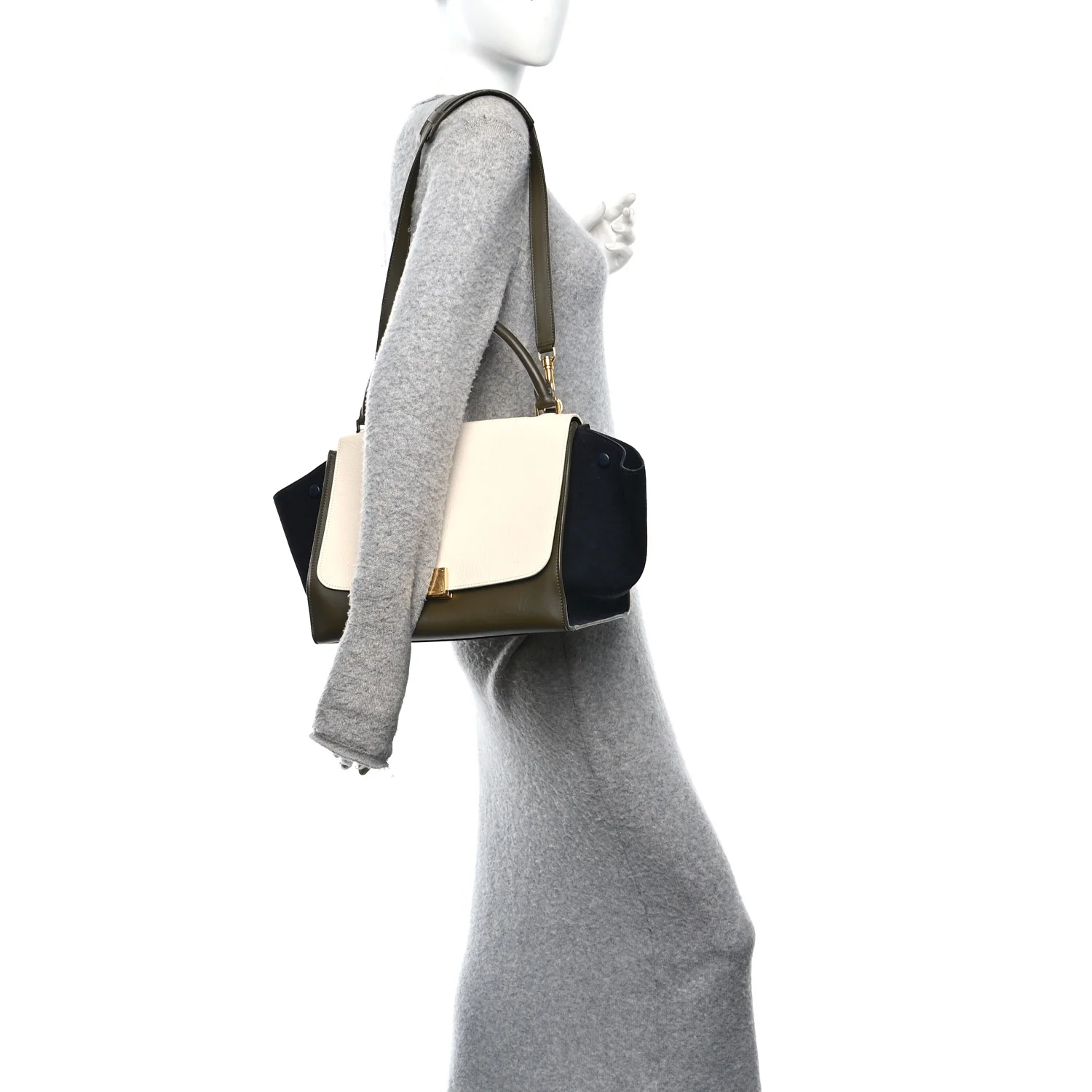 Smooth Calfskin Suede Medium Tri-Color Trapeze Cream Black Khaki