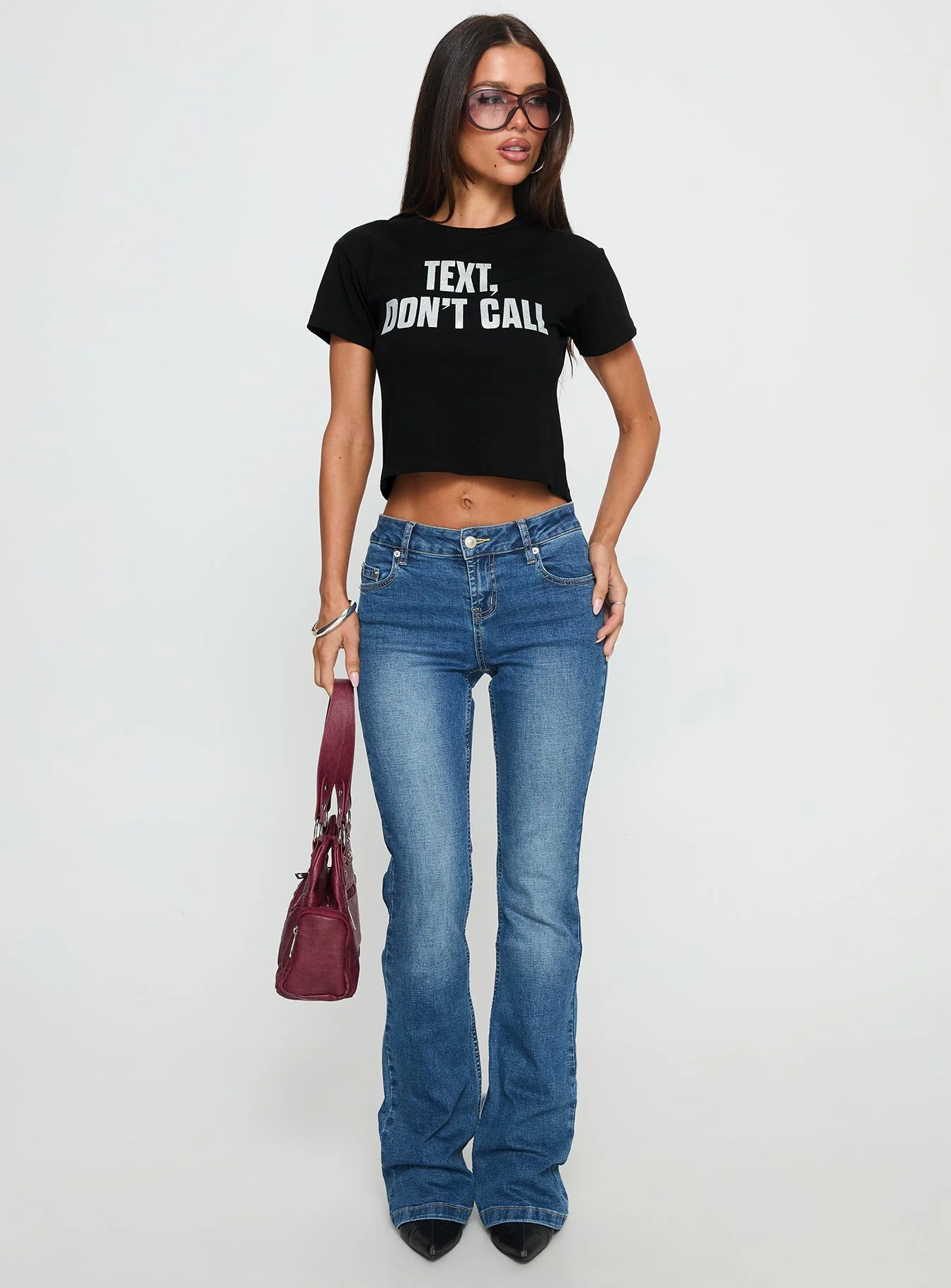 Text, Don't Call Shimmer Graphic Top Black