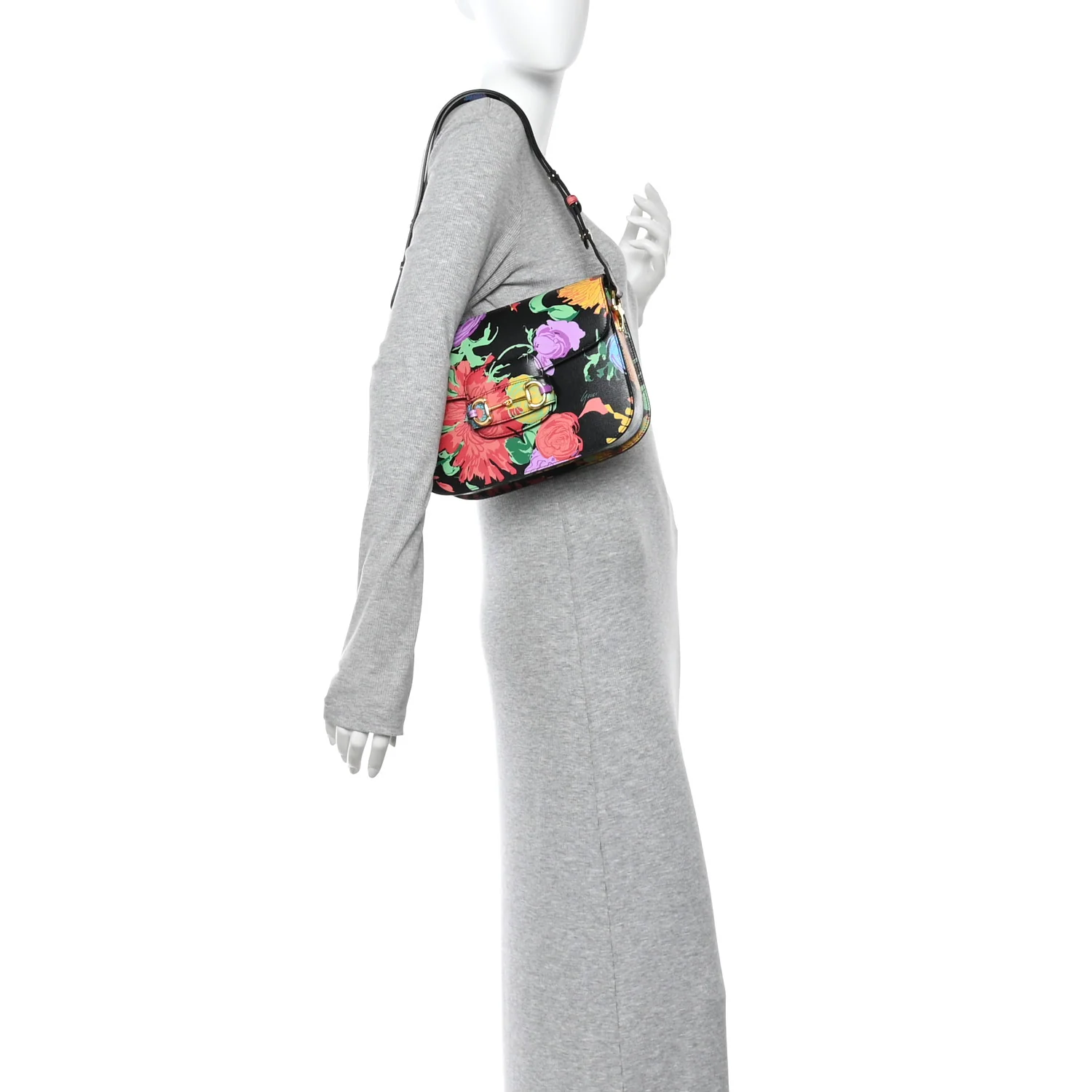 X KEN SCOTT New Shangai Calfskin Jenny Floral Print Horsebit 1955 Shoulder Bag Black Pink