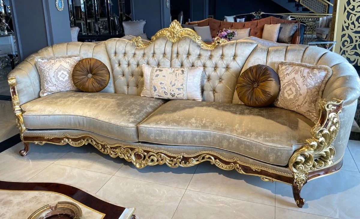 Luxury Baroque Living Room Set Silver / Brown / Gold - 2 Sofas & 2 Armchairs & 1 Coffee Table & 2 Side Tables - Handcrafted Living Room Furniture in Baroque Style - Noble & Magnificent