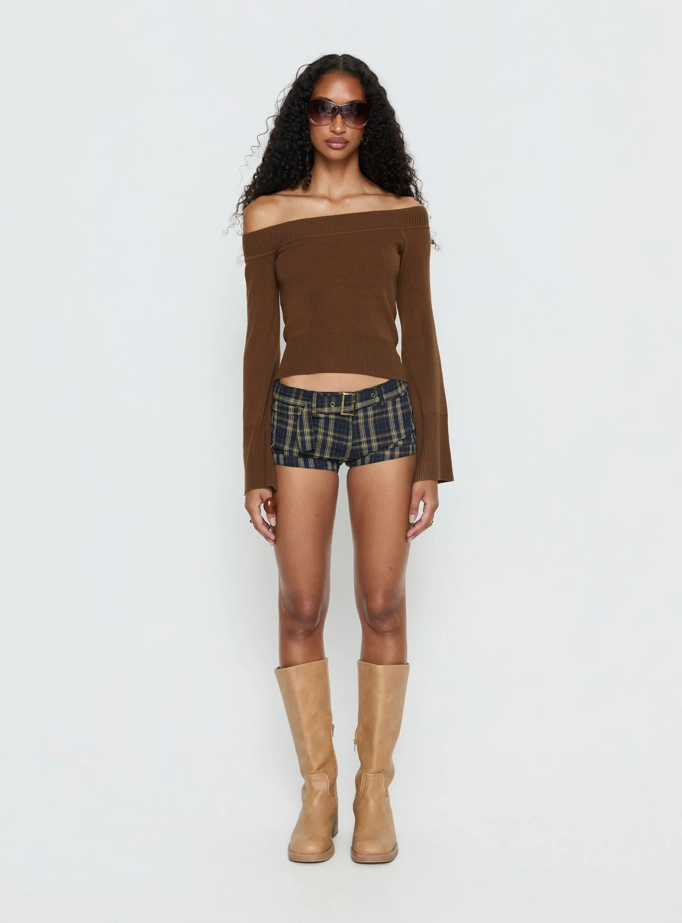 Perrey Long Sleeve Off Shoulder Knit Top Brown