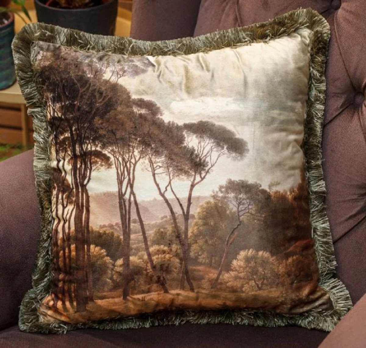 Luxury decorative cushion landscape multicolored / green 45 x 45 cm - printed velvet cushion with fringes - luxury collection