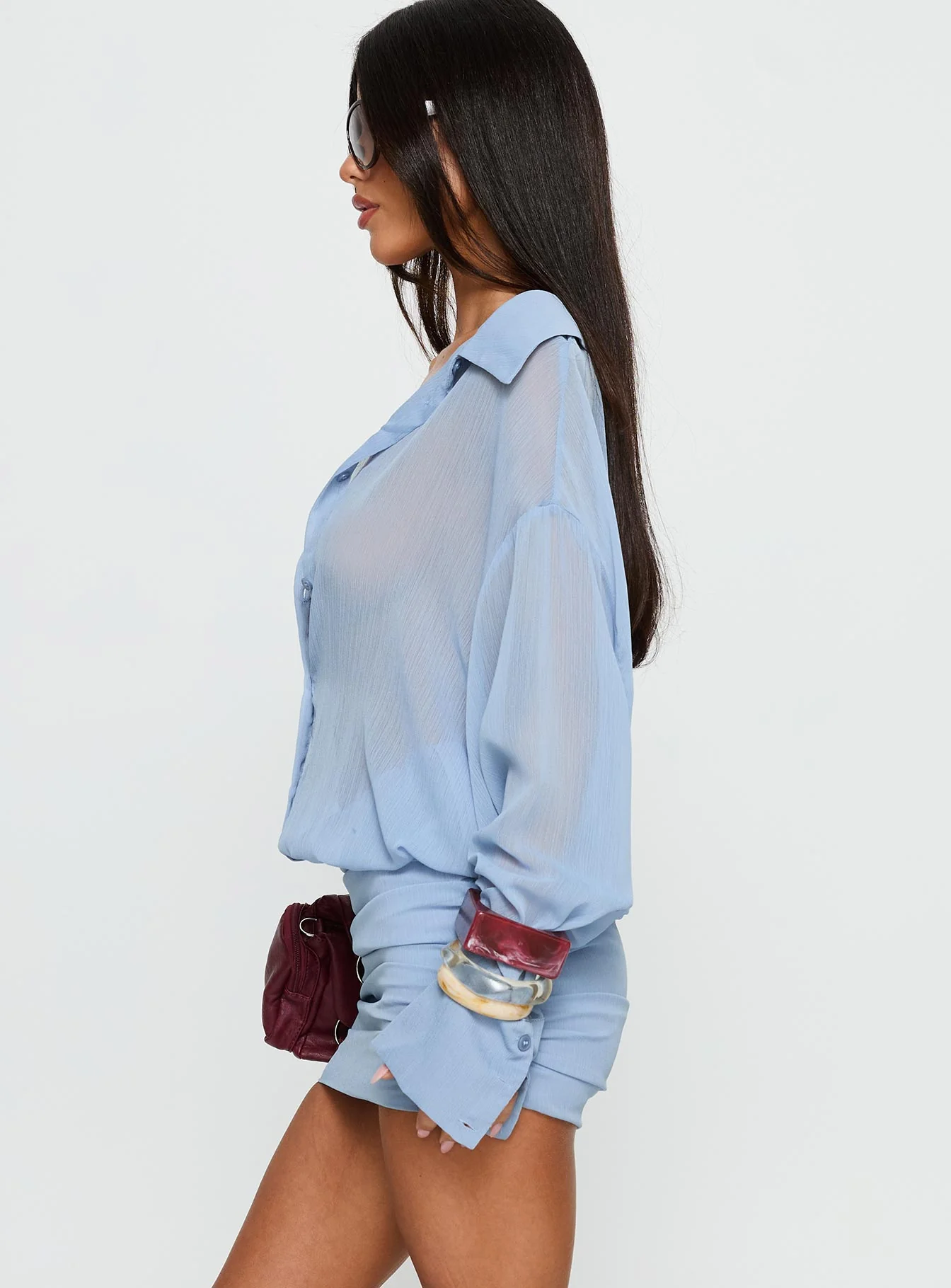 Moonrising Long Sleeve Sheer Blouson Mini Dress Blue