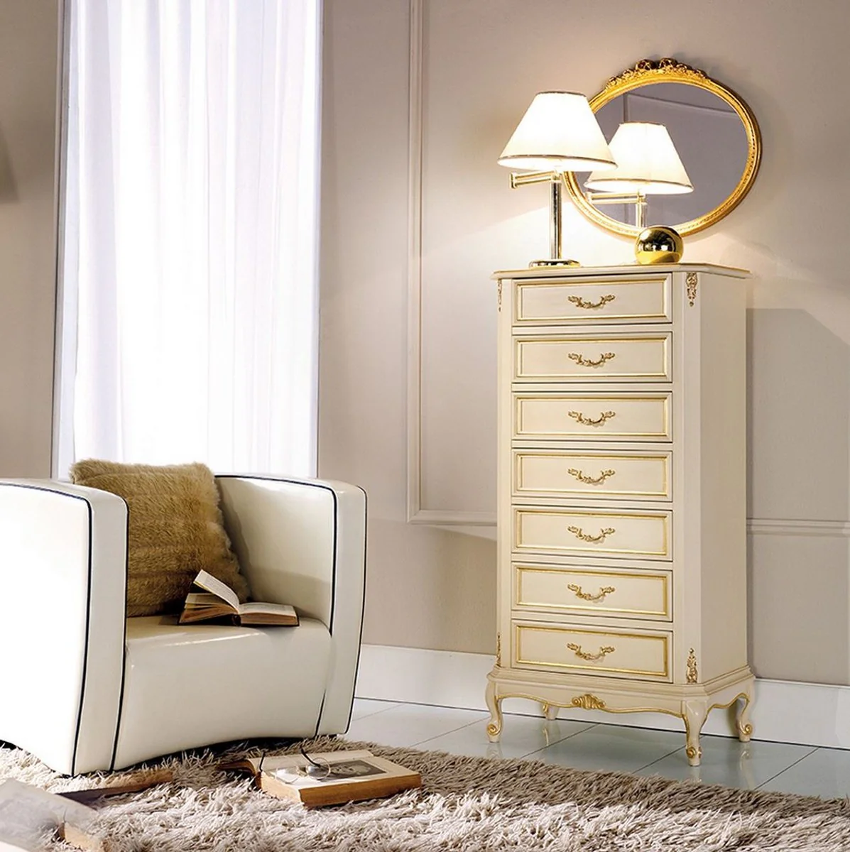 Luxury Baroque chest of drawers cream / gold - Handmade baroque style solid wood chest of drawers with 7 drawers - Handcrafted Italian Baroque furniture - Luxury quality - Made in Italy