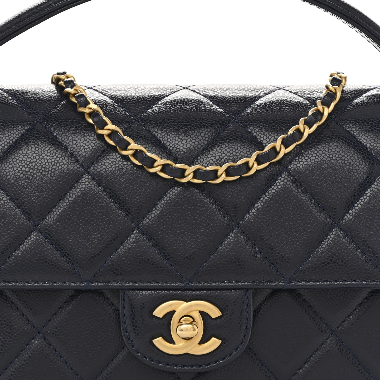 Shiny Caviar Quilted Mini Top Handle Flap Navy Blue - Top Club