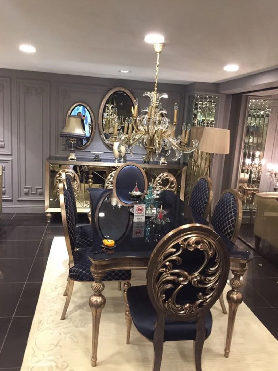 Luxury Baroque Dining Room Set Blue / Antique Gold - 1 Dining Room Table & 6 Dining Chairs - Baroque Dining Room Furniture - Noble & Magnificent
