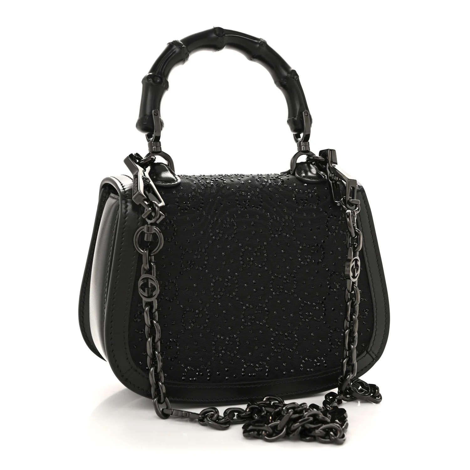 Moire Fabric Calfskin Rhinestone Monogram Monochrome Mini Bamboo 1947 Top Handle Chain Bag Black - Top Club