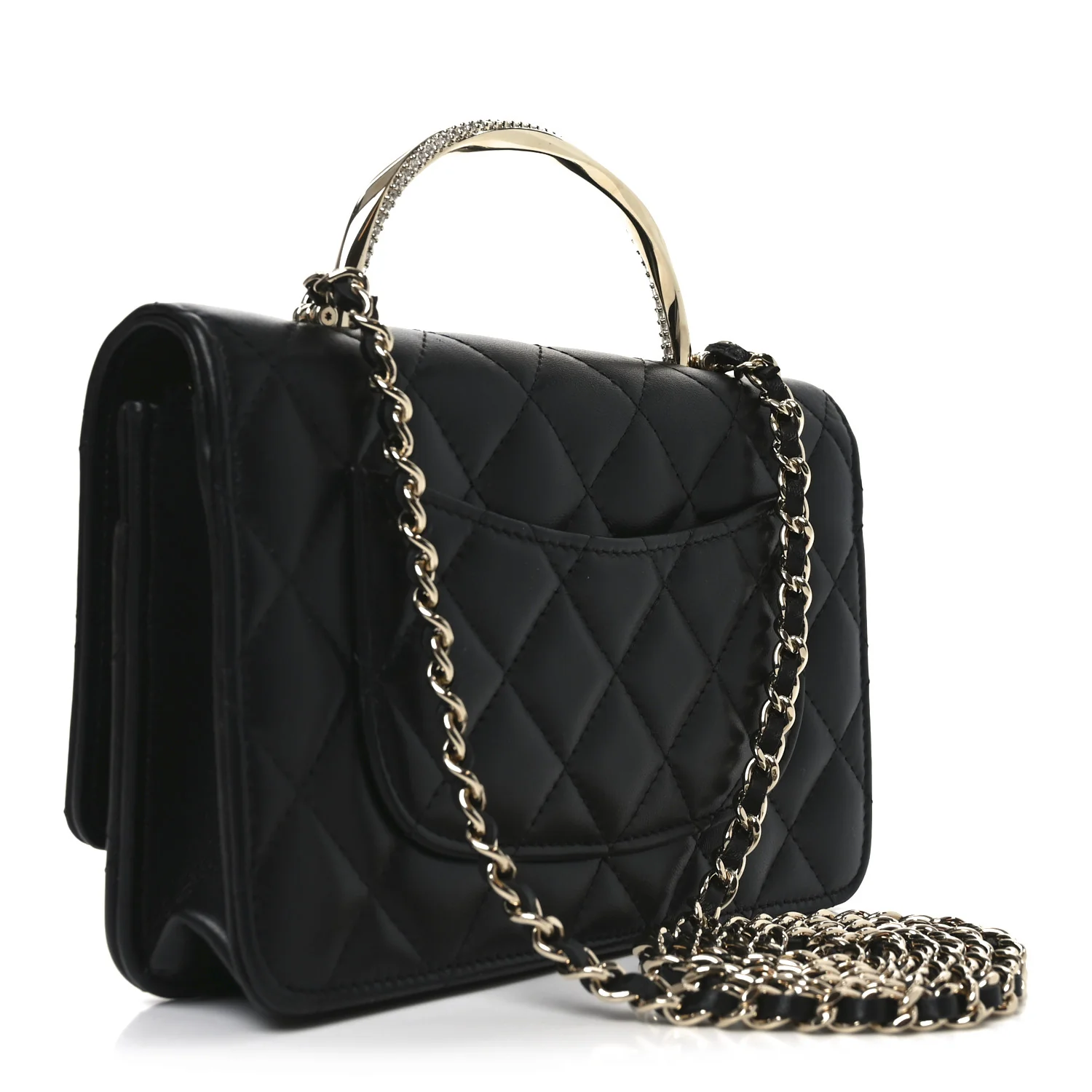 Lambskin Quilted Crystal Handle Wallet On Chain WOC Black - Top Club