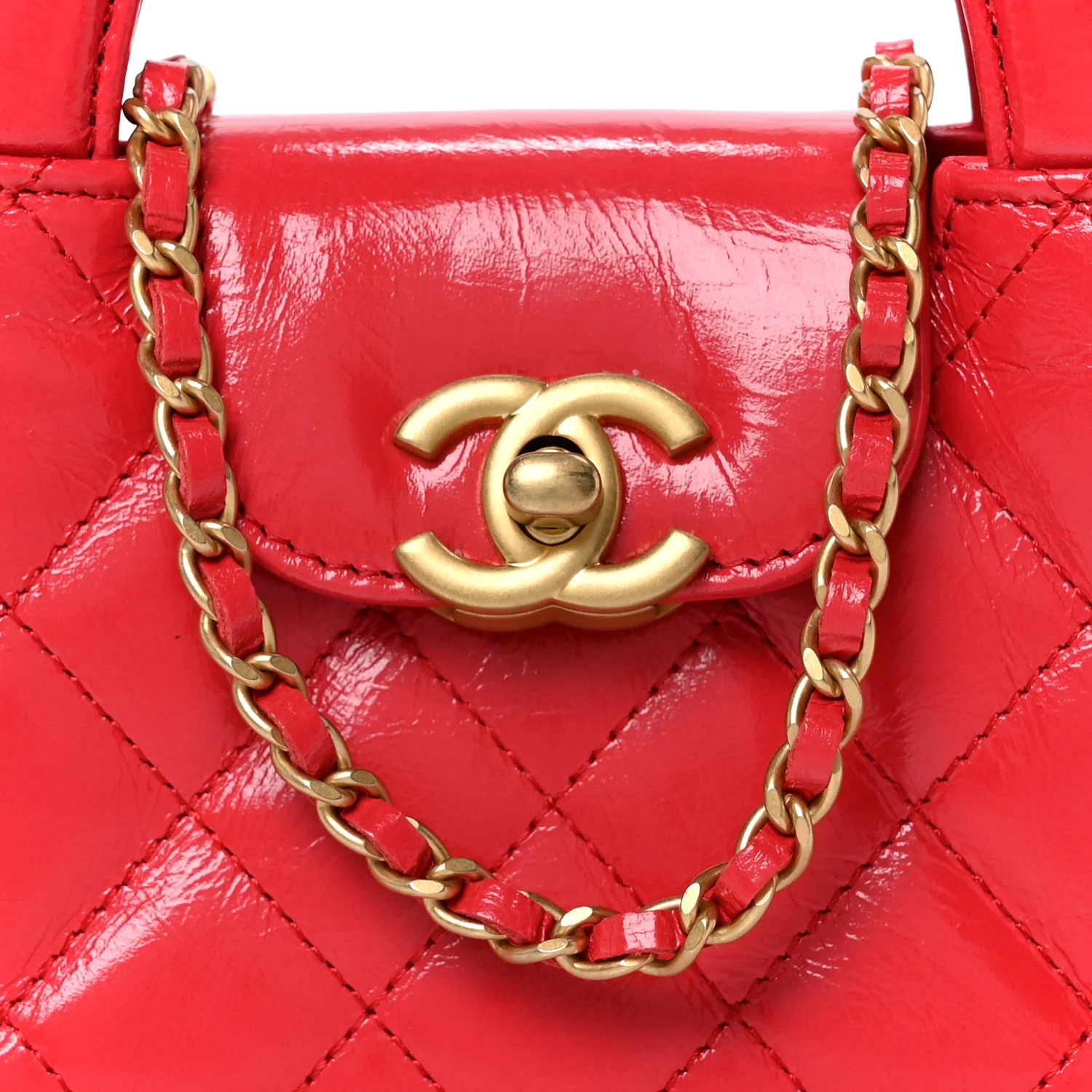 Shiny Aged Calfskin Quilted Mini Nano Kelly Shopper Red - Top Club