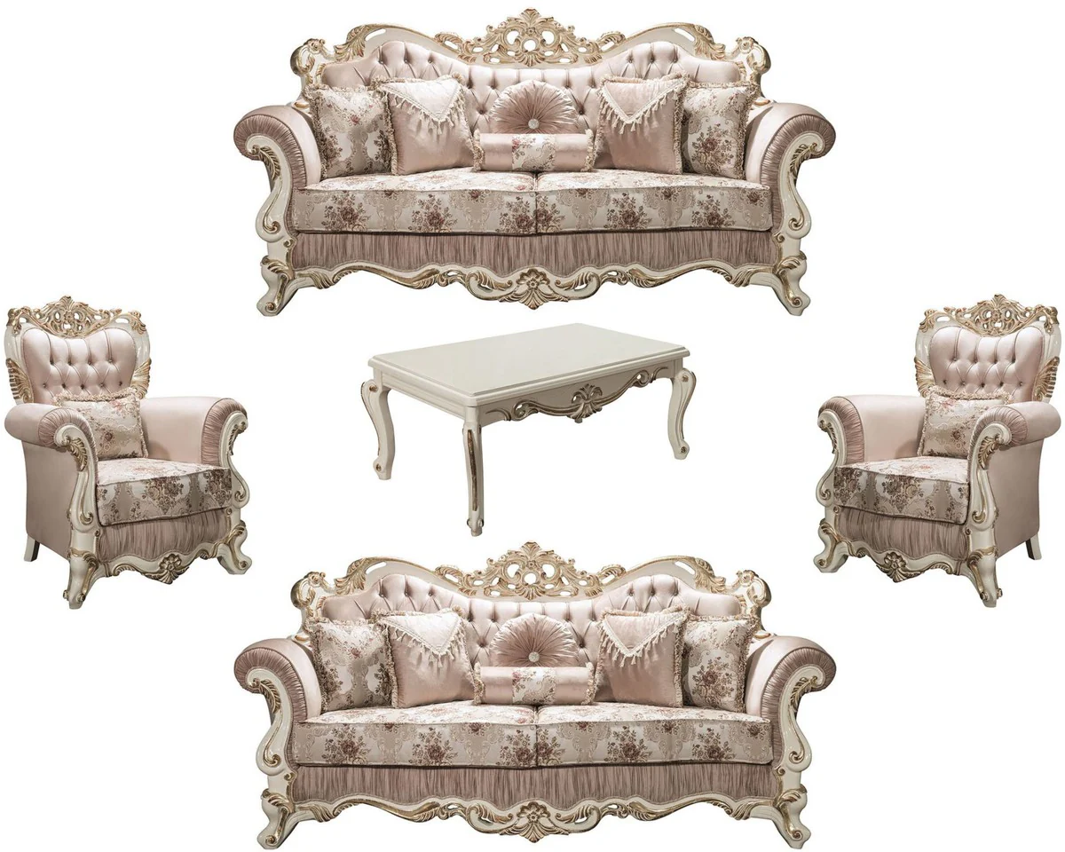 Luxury baroque living room set pink / white / gold - 2 sofas & 2 armchairs & 1 coffee table - magnificent furniture in the baroque style