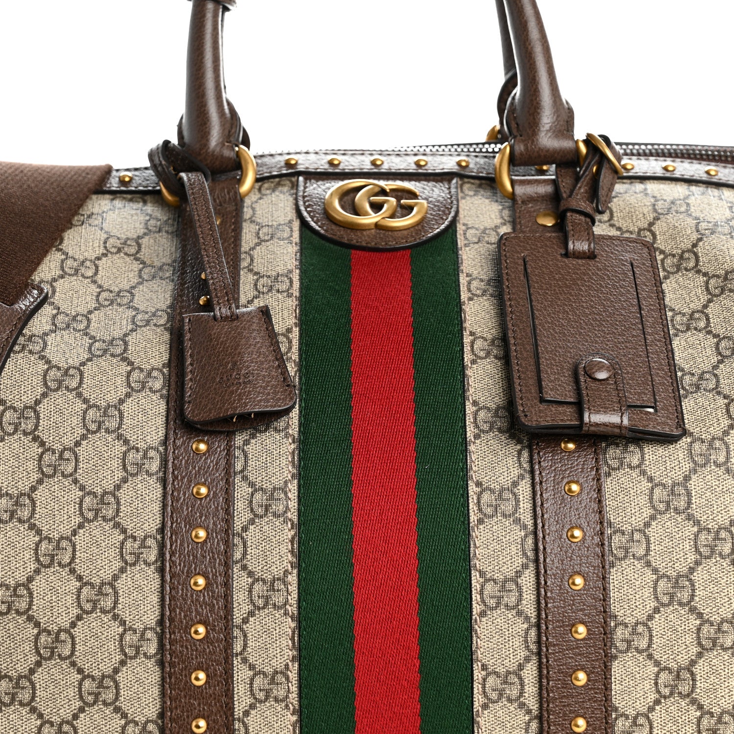 GG Supreme Monogram Textured Dollar Calfskin Web Studded Large Savoy Duffle Bag Beige Ebony - Top Club