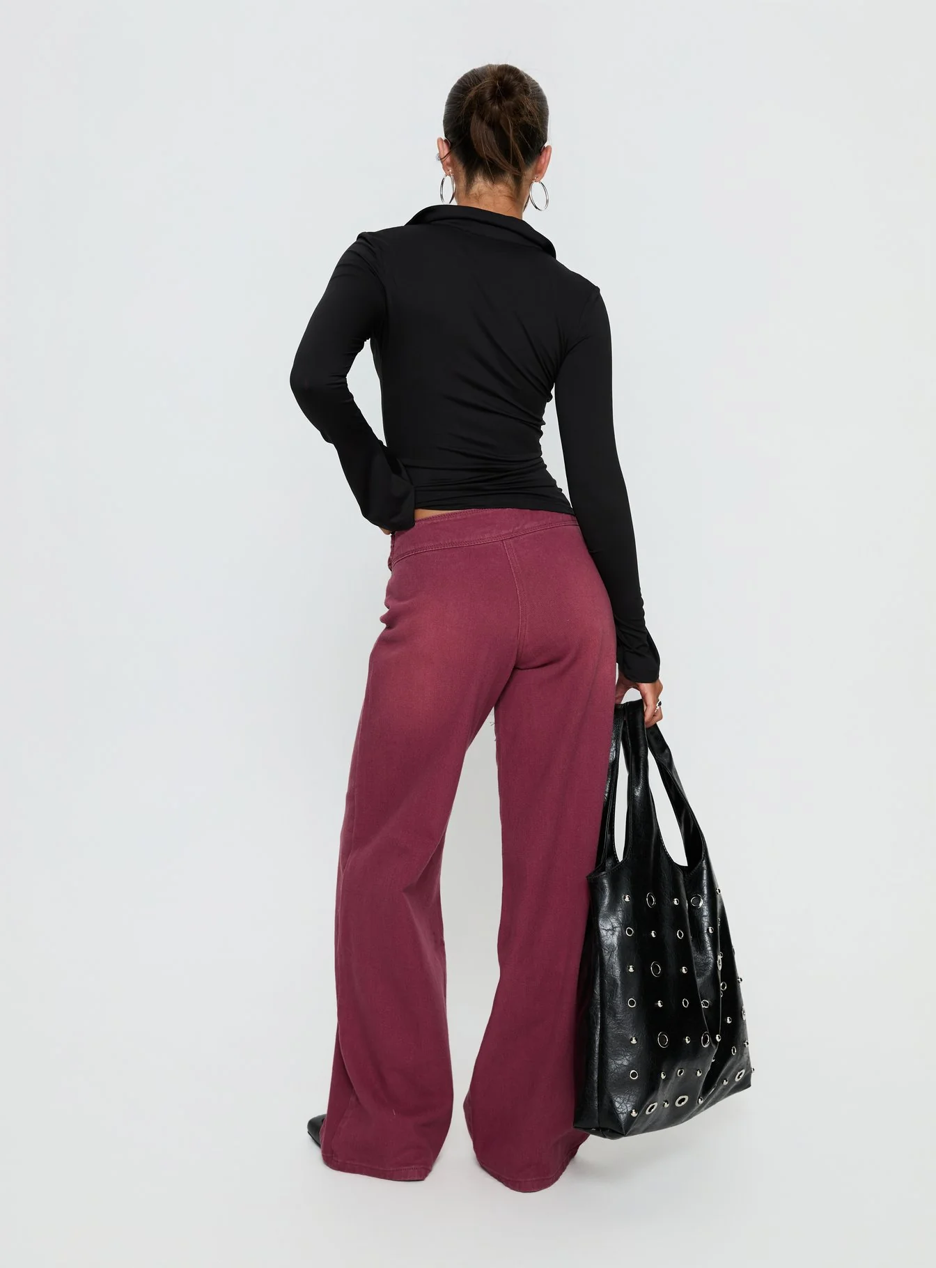 Boxie Mid Rise Wide Leg Jeans Washed Burgundy