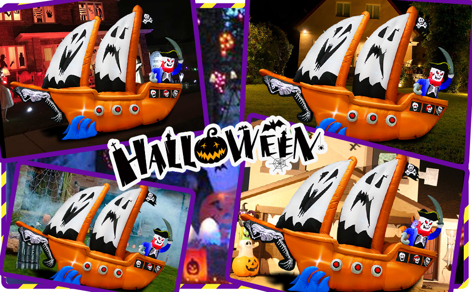 halloween inflatable pirate ship with skull decoration
