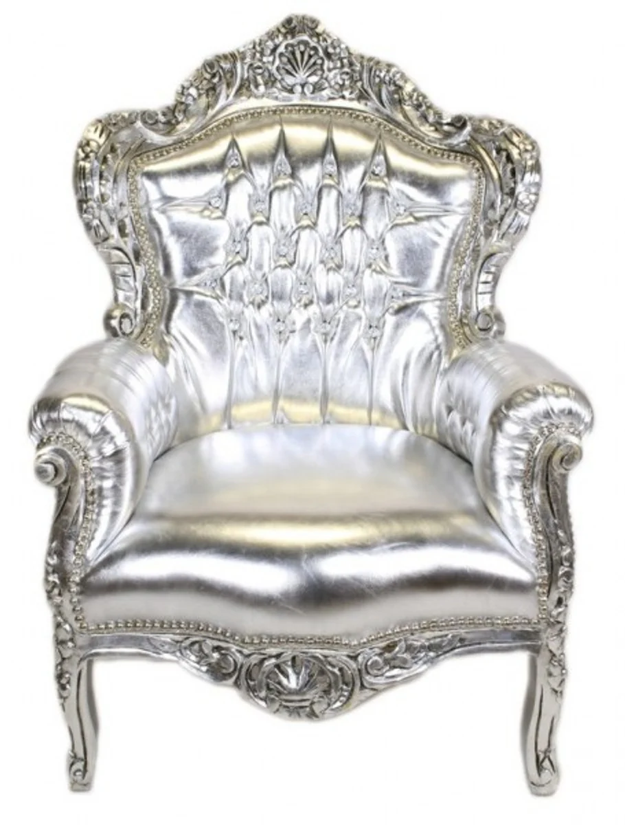 Baroque armchair King silver / silver leather look with bling bling glitter stones