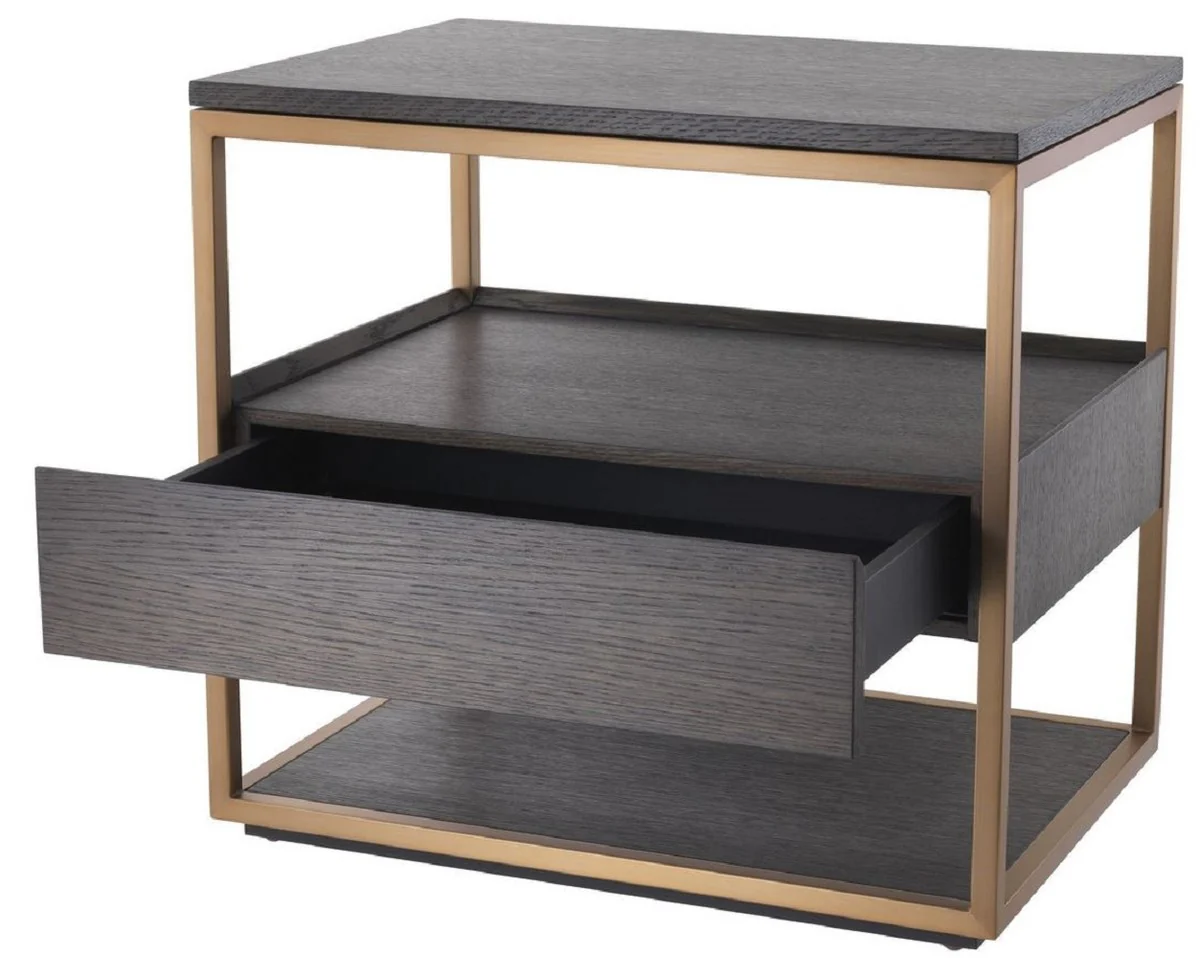 Luxury side table with drawer mocha / copper 65 x 46 x H. 61 cm - oak veneer bedside table with stainless steel frame - luxury furniture