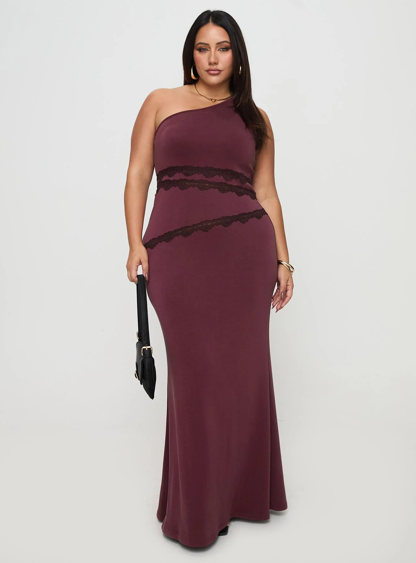 Ultraviolet One Shoulder Lace Maxi Dress Wine Curve