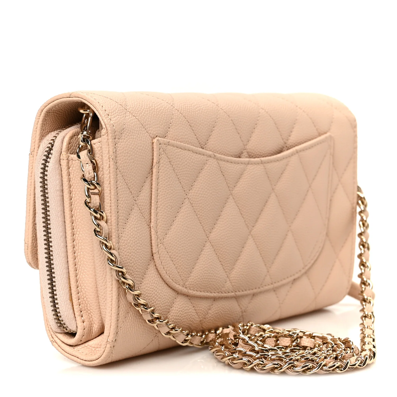 Caviar Quilted Phone Holder Wallet on Removable Chain Light Beige - Top Club