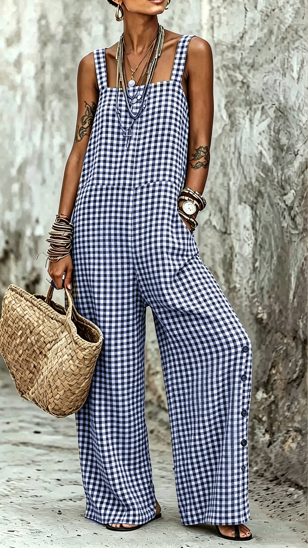 Women's Cotton-Blend Gingham Sleeveless Wide-Leg Jumpsuit - Nordfashionstorm - Women's Clothing, Fashion for You - Nordfashionstorm.com