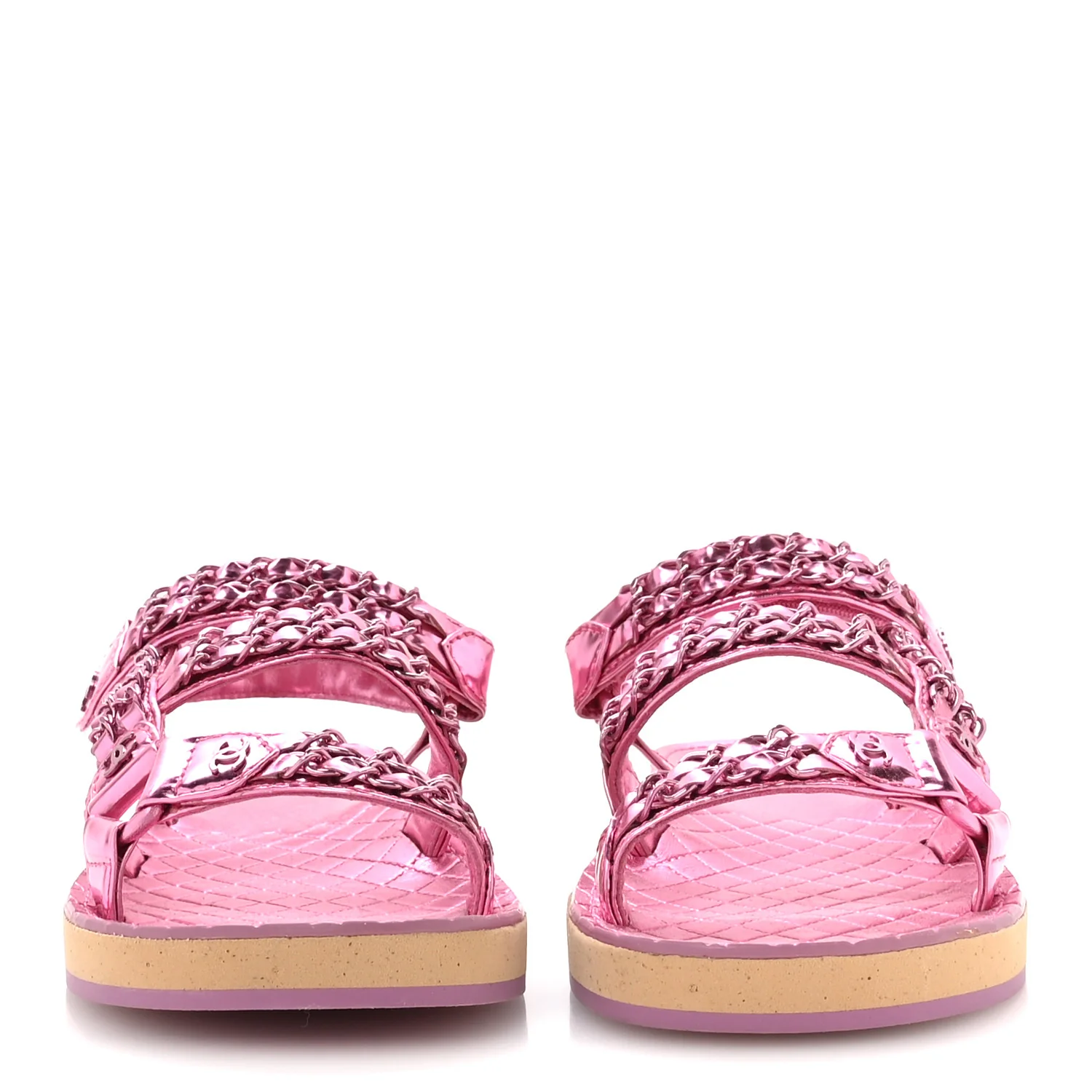 Metallic Laminated Goatskin Chain Flat Sandals 37.5 Pink - Top Club