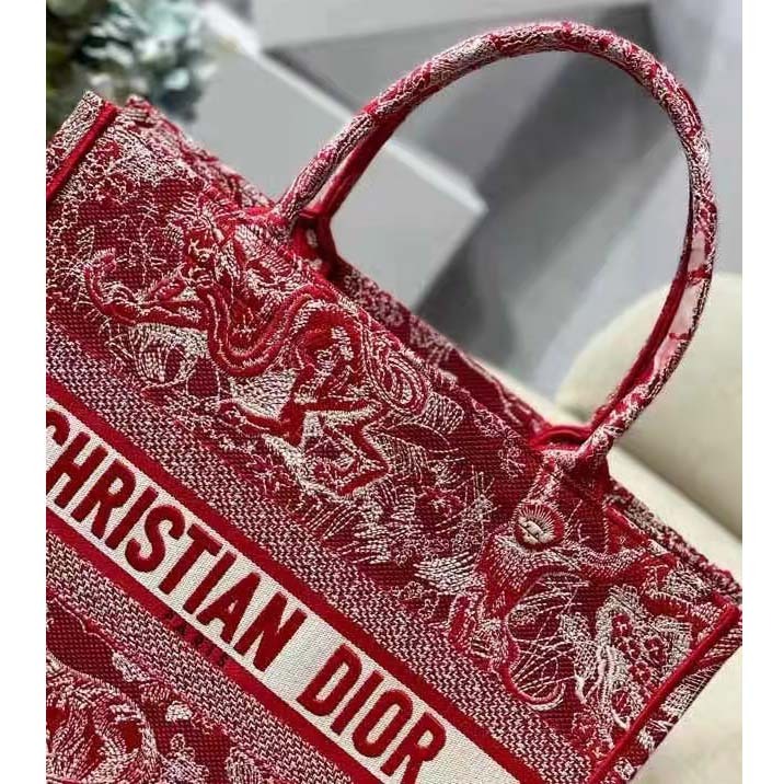 CD Unisex Medium Book Tote Burgundy Toile De Jouy Stripes Embroidery - Top Club