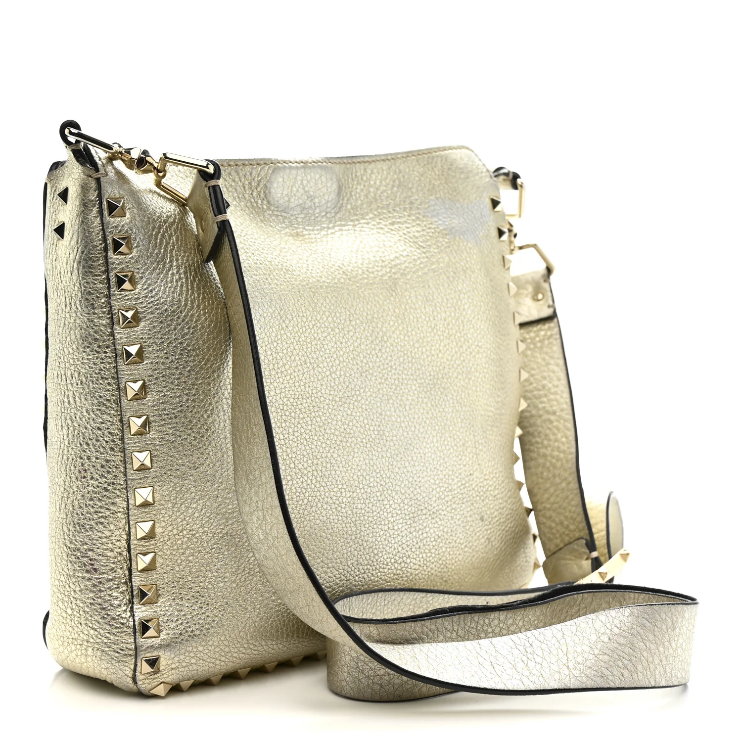 Metallic Pebbled Calfskin Small Rockstud Flip-Lock Messenger Bag Platino - Top Club
