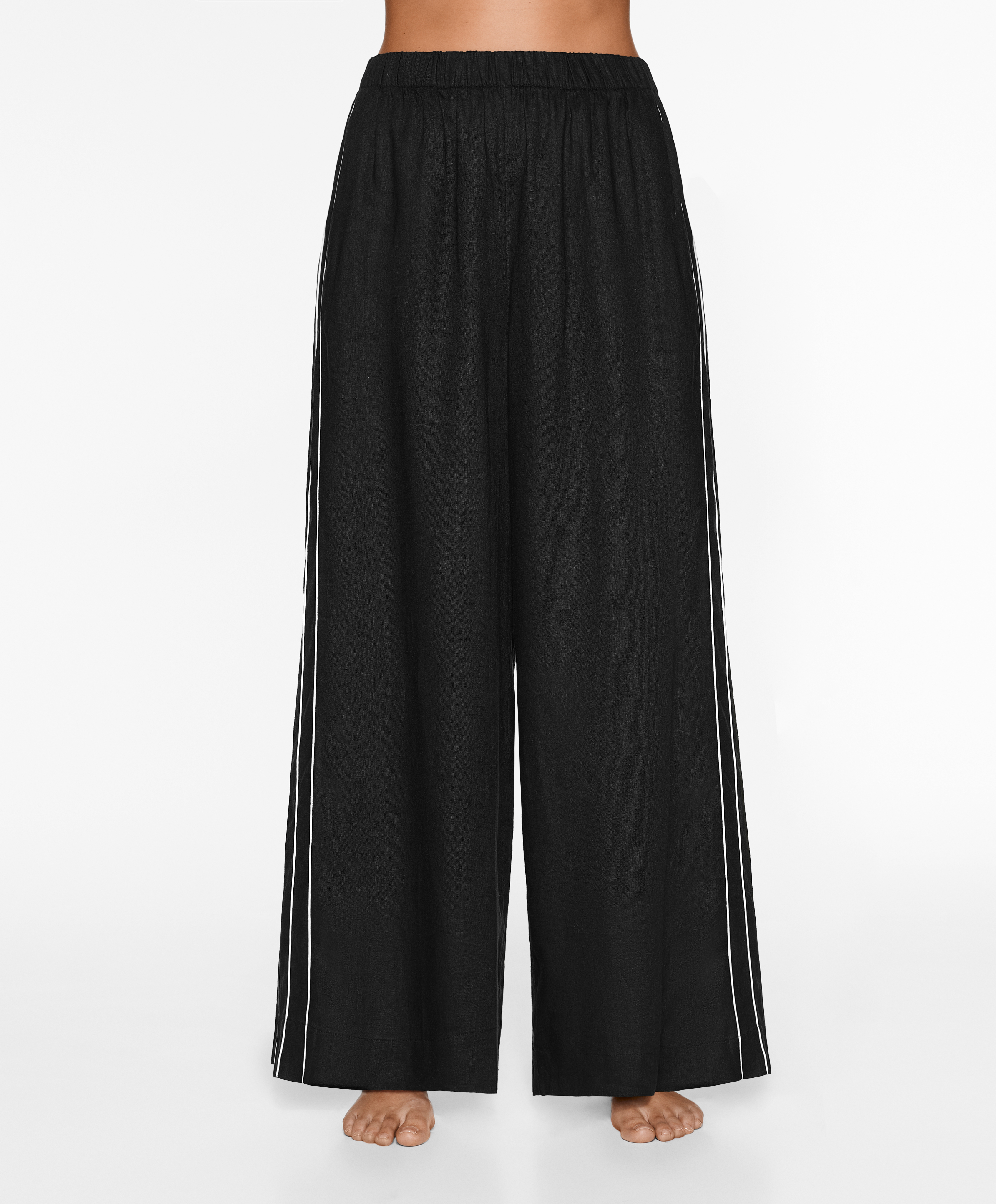 OYSHO 100% linen wide straight-leg trousers with piping