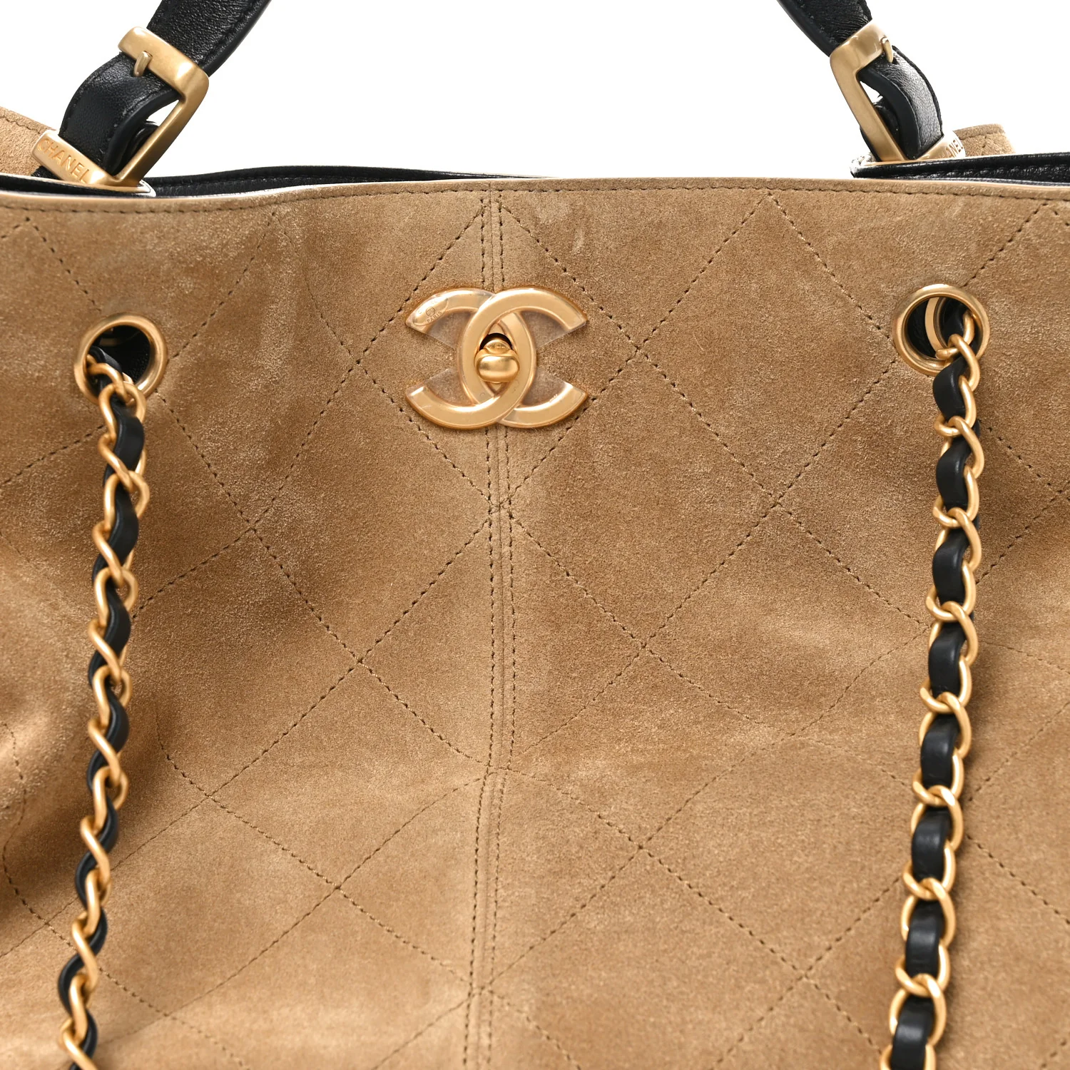 Suede Shiny Lambskin Quilted Large Shopping Bag Beige Black - Top Club
