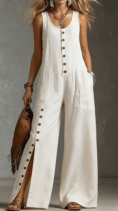 Women's Sleeveless Linen Jumpsuit with Button Pockets - Nordfashionstorm - Women's Clothing, Fashion for You - Nordfashionstorm.com