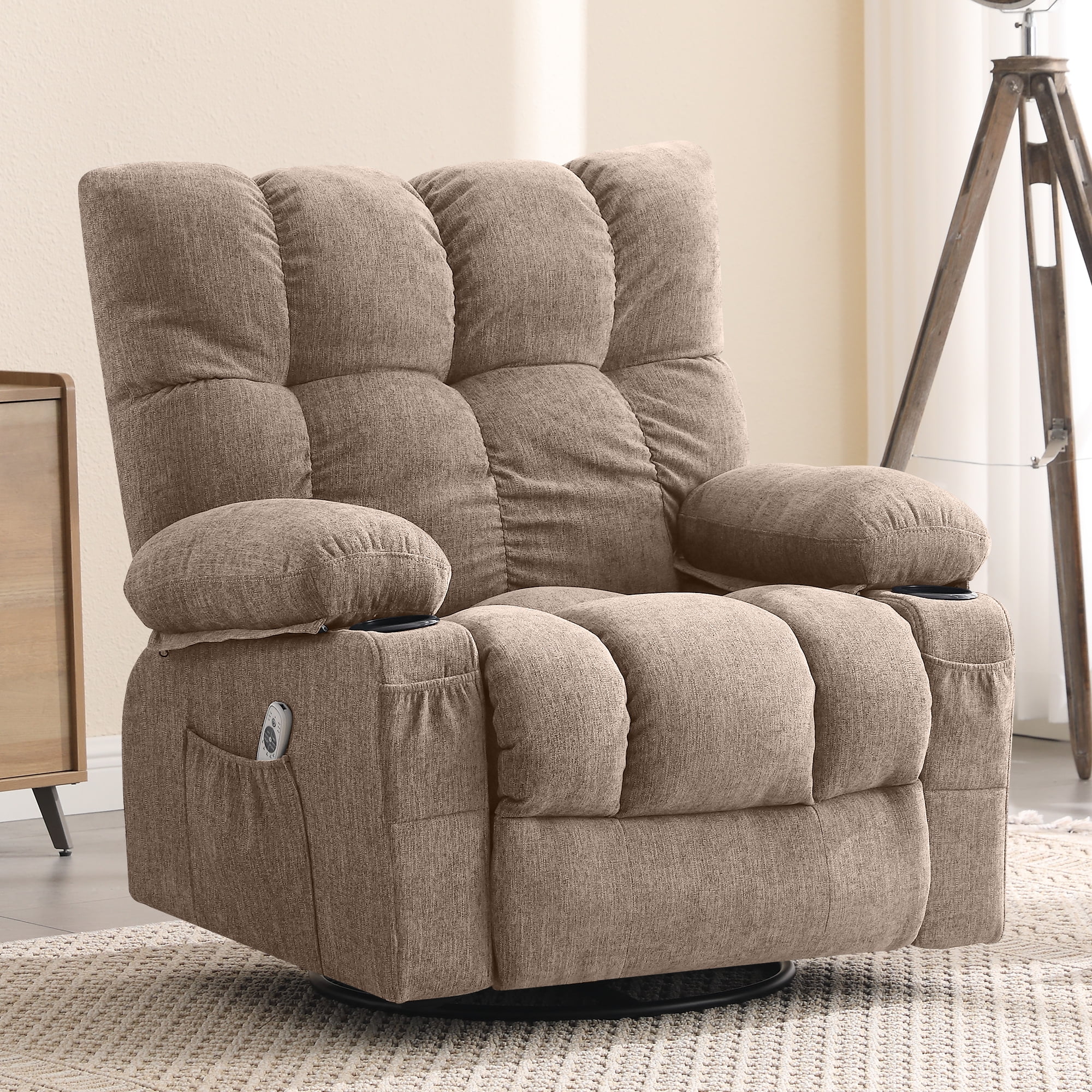 JONPONY Manual Recliner Chair with Heat Therapy and Massage Function, Heavy Duty Reclining Mechanism Massage Chair, Elderly Single Rocker Sofa with Cup Holders for Bedroom Home Theater, Grey
