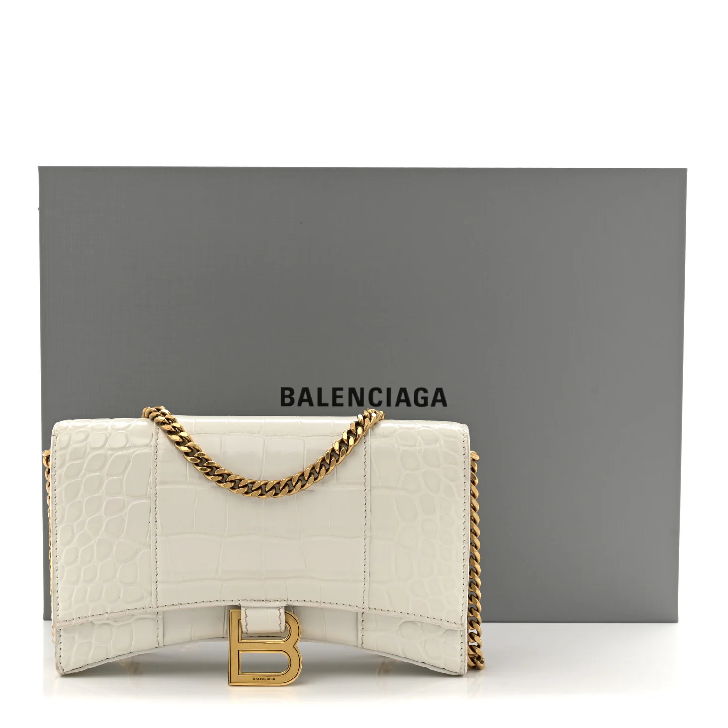 Shiny Calfskin Crocodile Embossed Hourglass Chain Bag White - Top Club