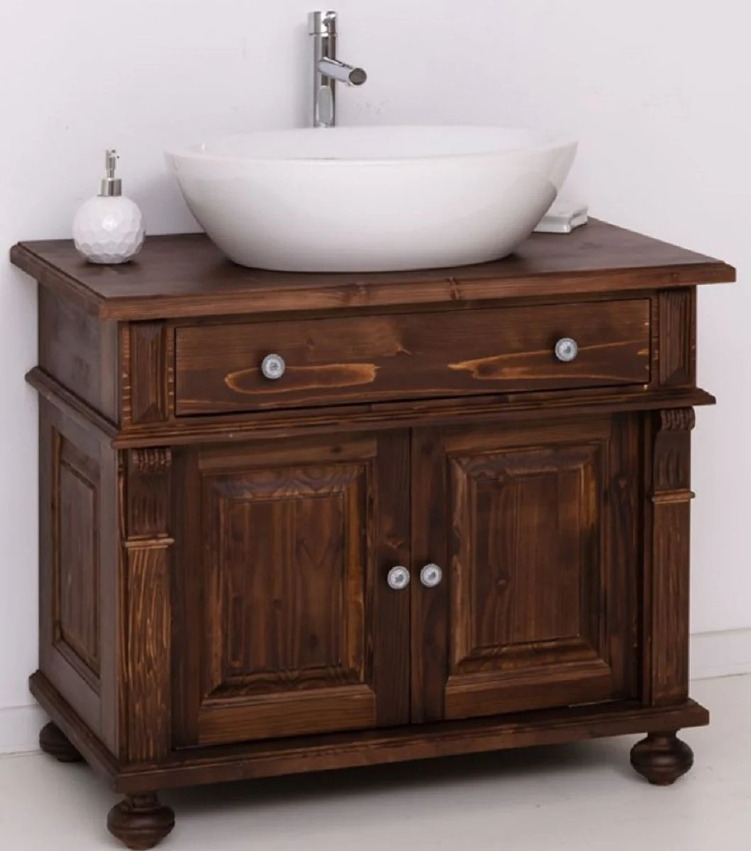 Country House Style Bathroom Set Dark Brown / White - 1 Sink Cabinet & 1 Oval Ceramic Wash Basin - Bathroom Furniture in Country House Style - Country House Style Furniture - Country House Style Furnishings