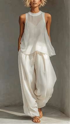 Women's Chiffon Semi-Sheer Round Neck Sleeveless Vest Drawstring Wide-Leg Pants Loose Fit Suit - Nordfashionstorm - Women's Clothing, Fashion for You - Nordfashionstorm.com