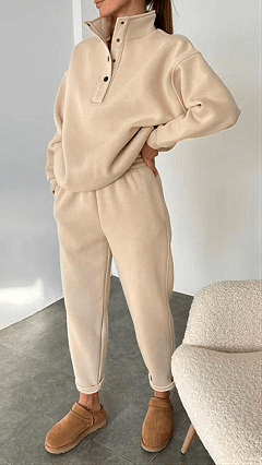 Half-Placket Stand Collar Fleece Loose Sweatshirt & Sweatpants Set - Nordfashionstorm - Women's Clothing, Fashion for You - Nordfashionstorm.com